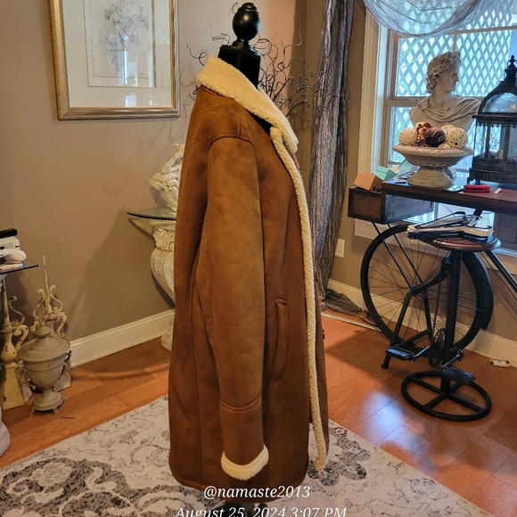 Guess Mens Double-Breasted Faux Shearling Long Coat Faux Suede Faux Fur #678 - Picture 12 of 16